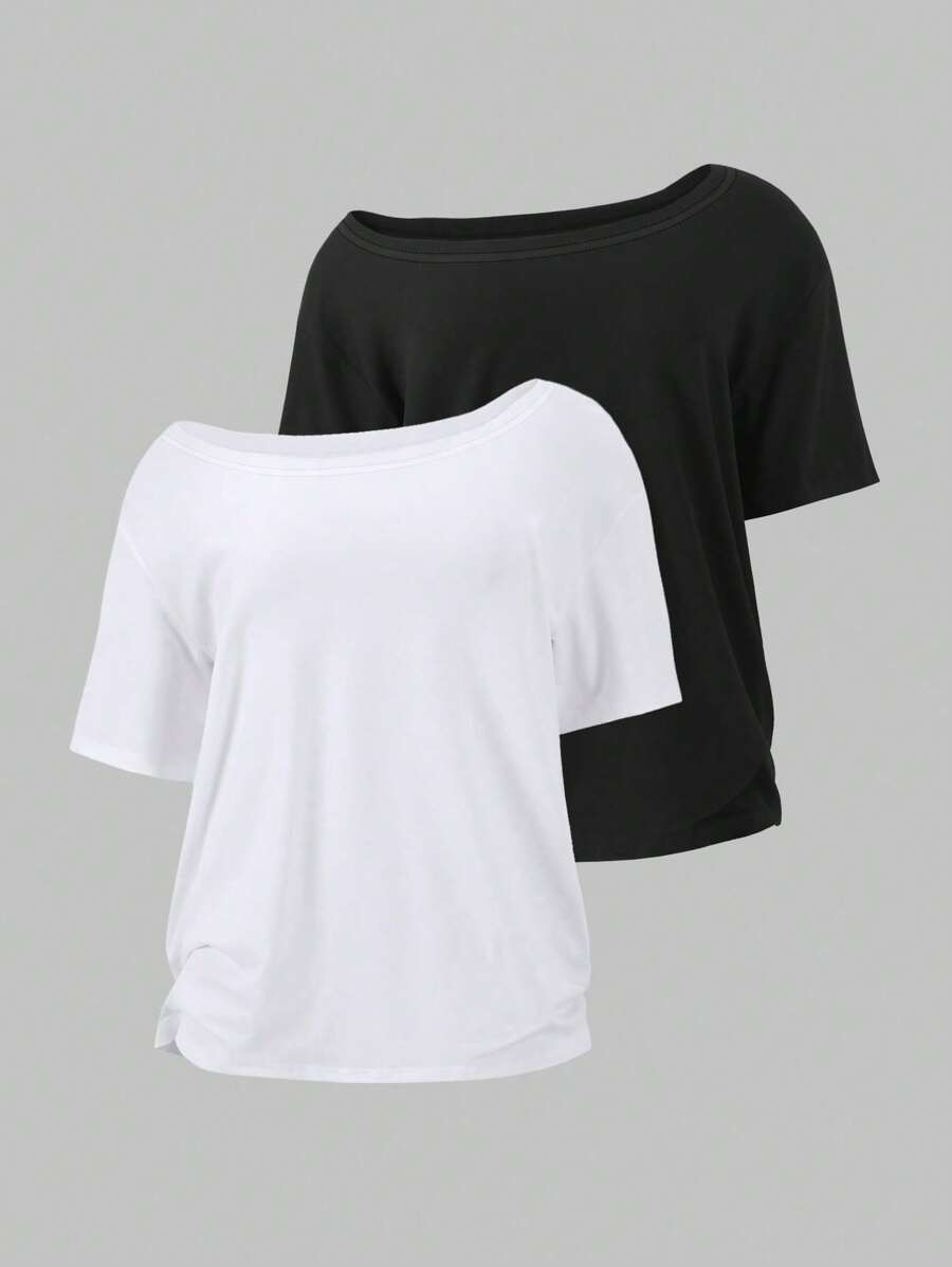 Flirla 2pcs/Set Oblique Shoulder Loose T-Shirt,Asymmetric Shoulder Off-Shoulder T-Shirt, Plus Size Women's Top - Multicolor - View 1