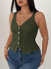 Elenzga Blusa de unicolor con tirantes para estilizar la cintura para mujeres de talla grande - Verde militar - Ver 5