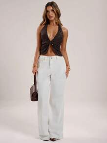 SHEIN BAE 女士纯色亮片拼接露背性感吊带上衣