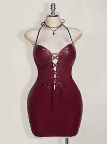 SHEIN ICON 加大码露背深 V 领交叉露背修身 PU 皮革紧身连衣裙，Y2K 性感 PU 皮革紧身连衣裙 - 酒紅色 - 查看 3