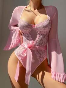 SHEIN Bộ đồ lót ren lưới tay dài 2 món lãng mạn dành cho nữ khi đi chơi - Hồng - Xem 4