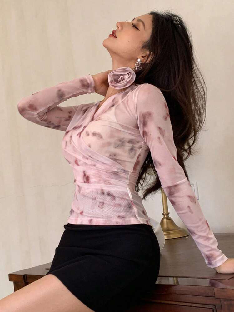 DAZY 女士花卉 3D V 领网眼长袖衬衫，适合派对、情人节 - 粉色 - 查看 10