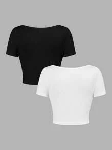 SHEIN Girlism Camiseta de manga corta ajustada y acortada de 2 colores negro y blanco sólido para niñas preadolescentes - Multicolor - Ver 2