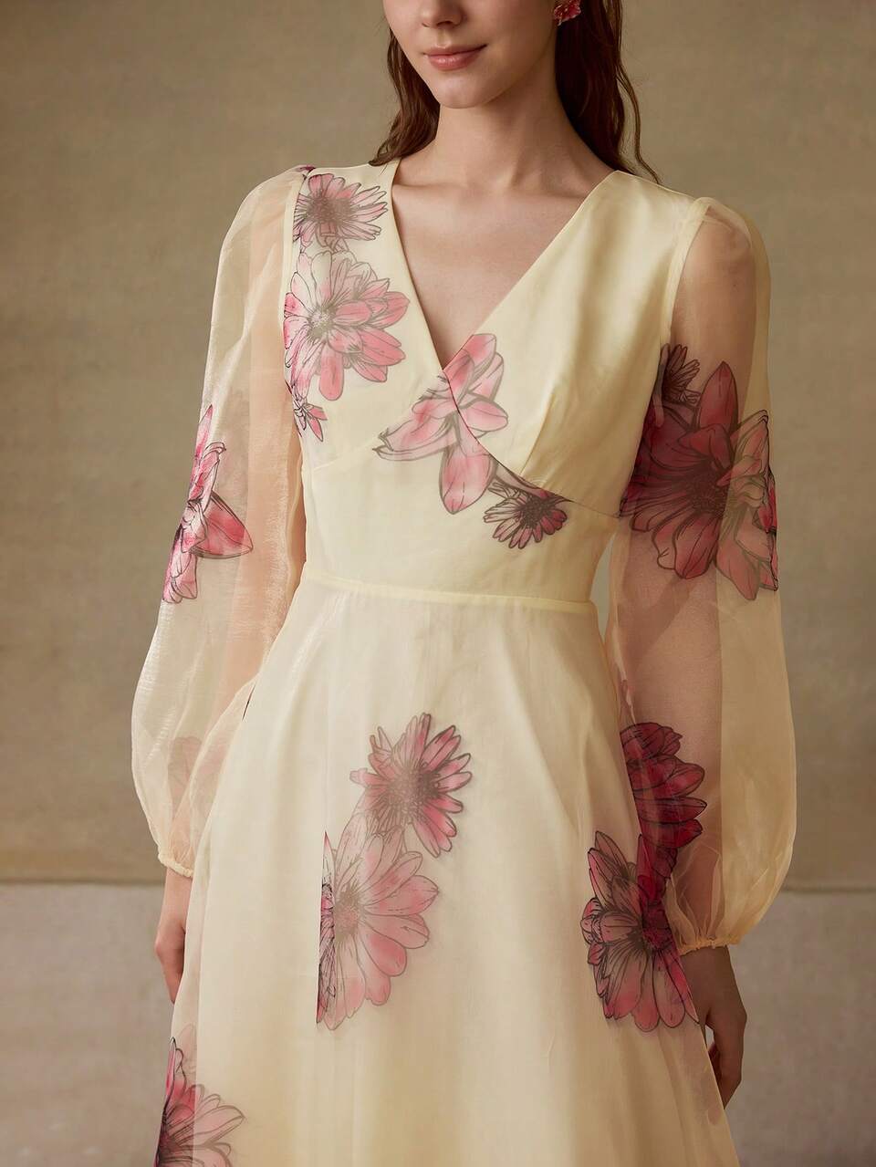 FLORAL PRINT CONTRAST MESH DRESS