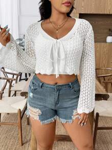 SHEIN LUNE Plus Size Women's Solid Color Knitted V-Neck Tie Front Hollow Out Flare Sleeve Cropped Cardigan, Minimalist Elegant Style For Summer Fall Winter Cloth For Women Autumn - White - View 5