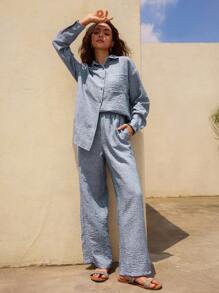 DAZY 2 piezas Conjunto casual de pantalón largo y camisa de manga larga de unicolor para mujer, primavera y verano