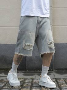 Manfinity EMRG 男士口袋做旧毛边宽松牛仔百慕大短裤 男士做旧牛仔短裤