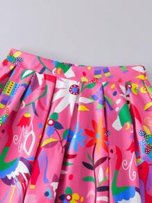 2pcs/Set Tween Girls Casual Mexican Girl Print Bowknot Cap Sleeve Top & Floral Pattern Flare Skirt Outfit - Multicolor - View 5