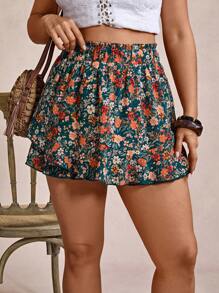 SHEIN VCAY 女式加大码节日花卉印花松紧腰宽松荷叶边下摆短裤夏季西部复古海滩度假乡村秋季教师复古女式波西米亚风 - 彩色 - 查看 3