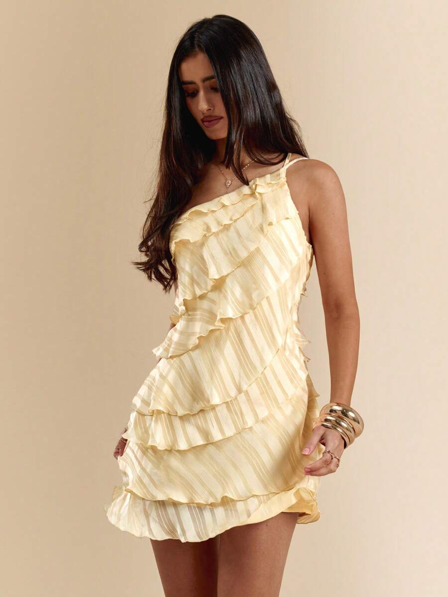 SHEIN BAE Vestido mini de unicolor melocotón con hojas de loto en capas, apto para uso diario, salidas nocturnas, discotecas, fiestas, reuniones, fiestas de cóctel, fiestas de piscina, ropa de vuelta al colegio, vestidos de temporada escolar, vestidos de vacaciones, ropa de festivales de música, ropa de festivales de música country, ropa de conciertos, vestido amarillo mantequilla - Amarillo - Ver 1