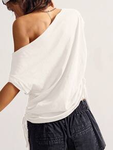 Bohemela Áo thun nữ cổ tròn tay ngắn dệt kim màu trơn có dây rút bên hông, dáng ôm - trắng - Xem 2