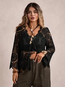 Freevana Plus Size Casual Solid Color Openwork Knit Cardigan Winter Fall Autumn - Black - View 4