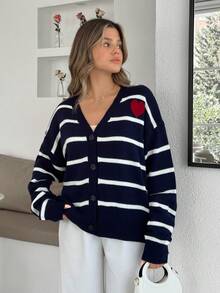 EURMUSE Nautical Romance Striped Knit Cardigan – Navy Blue V-Neck With Classic White Stripes And Red Heart Accent For A Playful Chic Look,Long Cardigans Woman,Petite Cardigans,Cardigans - Navy Blue - View 7