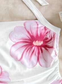 女童花卉印花挂脖蝴蝶结后背休闲吊带背心 - 白色 - 查看 4