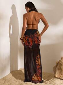 Opulessa Summer Outdoor Holiday Date Outfit, Beach Vacation Neckline Off-The-Shoulder Front-Belted Top And Half-Length Skirt With Retro Butterfly Print For Ladies, Summer Beach Set For Vacation, Back-To-School Outfit, Very Simple Outfit, Office Outfit, Old Money Outfit, Teacher Outfit, Date Outfit, Graduation Season, Ladies' Independence Day Clothing, Outfit For Attending Wedding Season Sister Afternoon Tea Party And Holiday Gathering