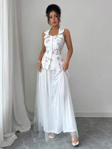 Elenzga Spring/Summer New Women's Elegant Print, Floral Pattern, Print, Sleeveless Lapels, Waist Cinched Elegant Design Top And White Mesh Paneled Maxi Skirt 2-Piece Women's Suit