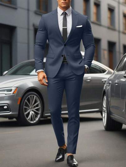 Manfinity Mode Solid Color Single Breasted Long Sleeve Blazer Jacket And Side Pocket Suit Pants Suit Set Men Suits Blue Men Suits Slim Fit Men Blue Suit Two Pieces Suit Men Men Dress Suit A Great Gift For A Boyfriend Or Husband.