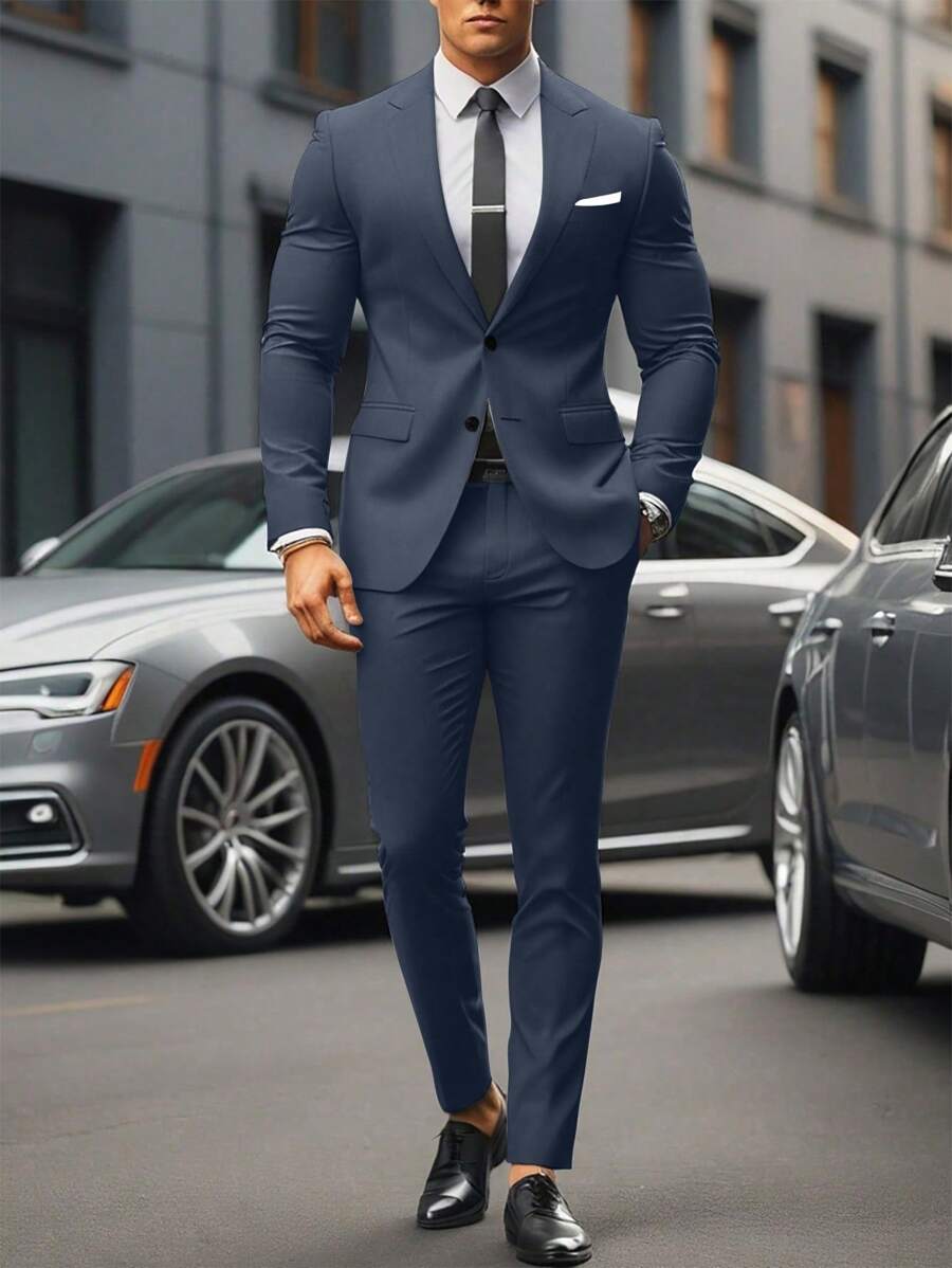 Manfinity Mode Solid Color Single Breasted Long Sleeve Blazer Jacket And Side Pocket Suit Pants Suit Set Men Suits Blue Men Suits Slim Fit Men Blue Suit Two Pieces Suit Men Men Dress Suit A Great Gift For A Boyfriend Or Husband. - Navy Blue - View 1