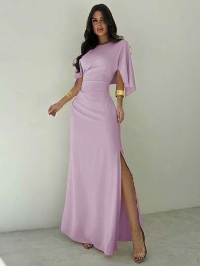 Firerie Women's Elegant Classic Eggnog Yellow Formal Evening Gown With Ruffle Waist, Boat Neck, 3/4 Sleeve, Slit Bottom, Suitable For Parties, Graduations, Awards Ceremonies And Other Formal Occasions,Fall Wedding Guest Dress