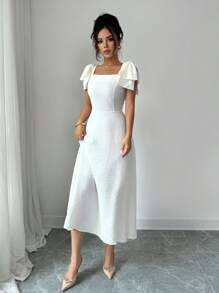 Modelyn 女式杏色方领超大蝴蝶结装饰无袖腰A字连衣裙