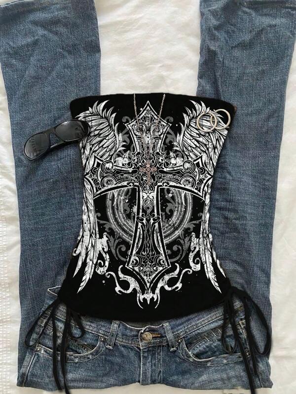 Attitoon Top corto con estampado de alas cruzadas de estilo punk, diseño gótico retro, con cordones fruncidos delanteros, apropiado para festivales de música de verano