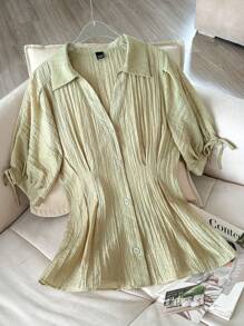 Modelyn Women's Solid Color Casual Short Sleeve Blouse - Olive Green - View 5