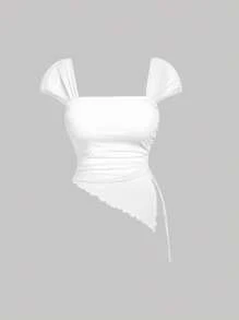 SHEIN MOD 大码女式可爱系带红色T恤，浪漫优雅休闲上衣 - 白色 - 查看 2