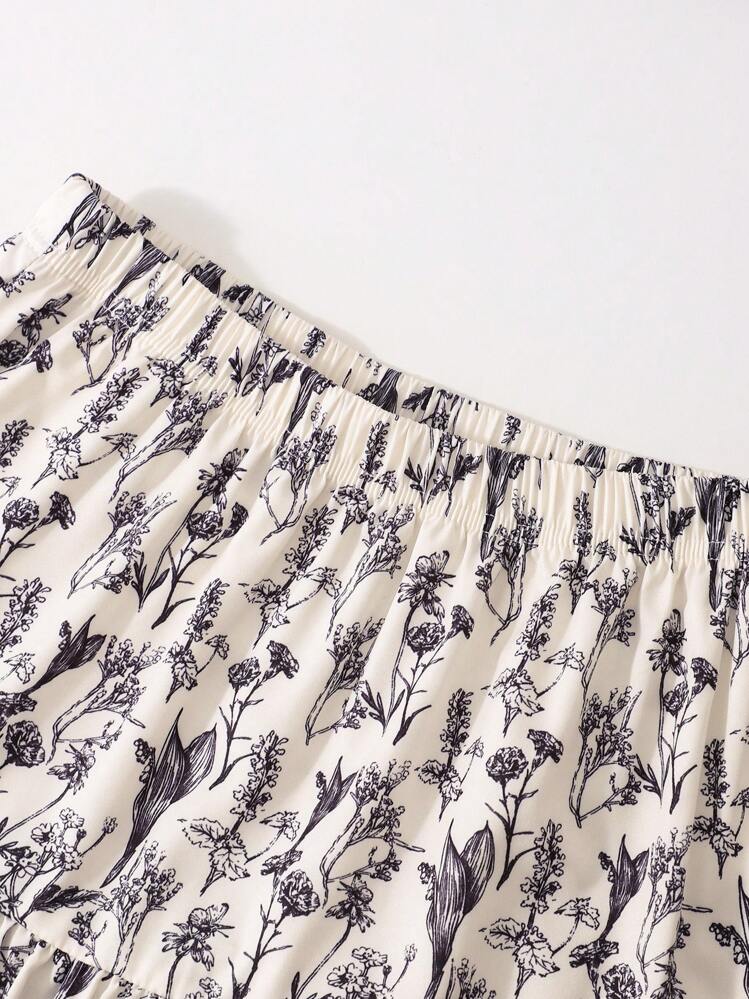 Tween Girl Round Neck Short Sleeve T-Shirt And Floral Print Skirt 2-Piece Set Floral Skirt Summer Skirt Midi Skirt Skirt Printed Skirt Fall Winter - Black and White - View 4