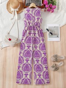 Tween Girl Retro Print 2 In 1 Jumpsuit, Vacation Style - Purple - View 2