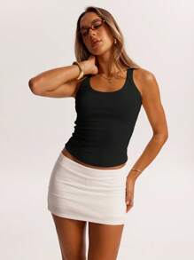 SHEIN BAE 夏季单件针织条纹圆领简约休闲背心适合早午餐、外出、约会、通勤休闲、伊比沙岛 - 黑色 - 查看 3