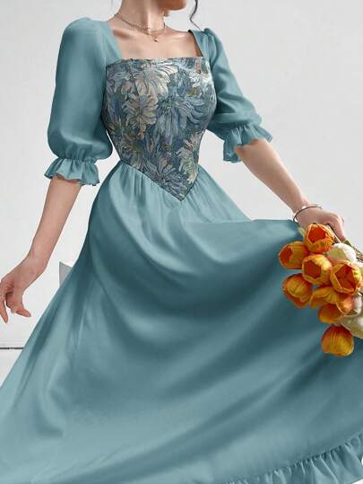 Seusyu 女式花卉刺绣方领春夏优雅连衣裙