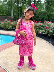 SHEIN Young Girl Casual Fashion Street Style Square Neck Tie-Dye Printed Snug Fit Pink Dress - Pink - View 6