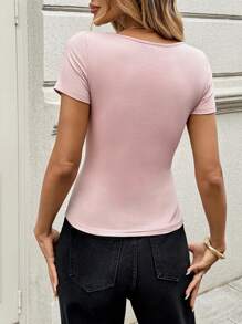 SHEIN LUNE 女式短袖修身圆领系带 T 恤，女士休闲夏装 Y2k 商务休闲女式紧身胸衣上衣，女士短款上衣，女士外出上衣，女士校服，女士教师装，乡村粉色女士，老钱乡村女士，波西米亚风格服装，工作上衣，系带上衣，机场返校女士教师外出上衣，女士机场装，乡村老钱乡村女士外出上衣，旅行机场系带上衣，系带上衣，蝴蝶结上衣，女士罗纹上衣，纽扣上衣