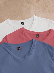 HIMLAND 3 Pcs Pack Men's Casual Solid Color Short Sleeve Knit T-Shirts, Suitable For Daily Wear Plain Tees Plain T Shirts V Neck Shirts