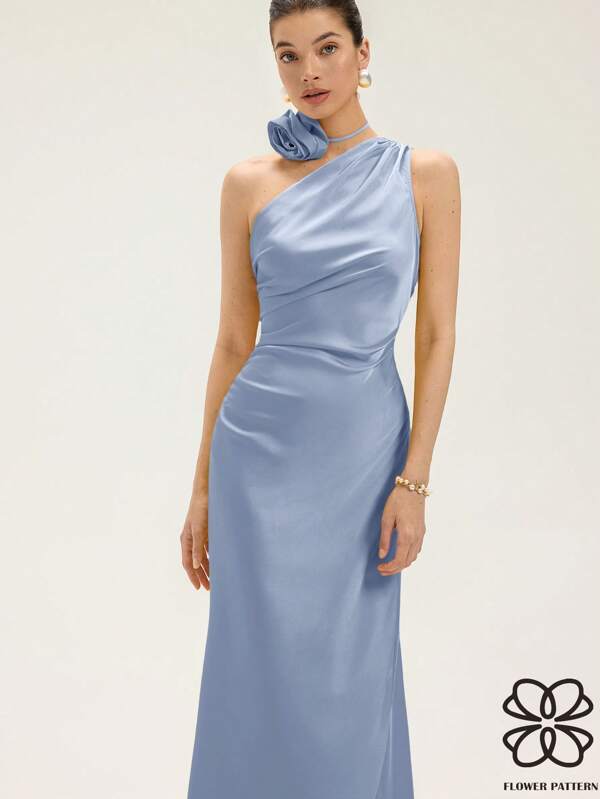 Aveloria Rosie Romantic Party Dress, Satin Oblique Shoulder, Waist Ruched Design, Slim Fit Dress With 3D Flower Choker Necklace, Long Sleeveless Dress For Women