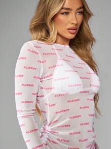 Missguided x Playboy Langarm Strandkleid Mini Rückenfrei mit Kordelzug seitlich gerafft Sommerurlaub Strandk leid