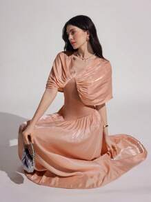 Modelyn 女式长款闪亮雪纺披肩袖优雅浪漫连衣裙，春夏 - 粉色 - 查看 1