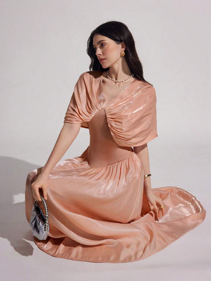 Modelyn 女式长款闪亮雪纺披肩袖优雅浪漫连衣裙，春夏 - 粉色 - 查看 1