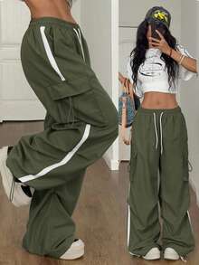 Coolane Women's Fall/Winter Back To School Streetwear Sport Basic Flap Pocket Side Drawstring Waist Parachute Grey Cargo Pants