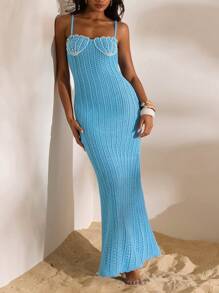 Opulessa 露背珍珠装饰贝壳图案修身毛衣裙，适合女士度假和休闲穿着 - 藍色 - 查看 6