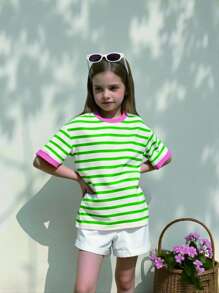 Sparklyn 女童条纹印花圆领短袖宽松绿色休闲基本款T恤，夏季 - 白色 - 查看 6