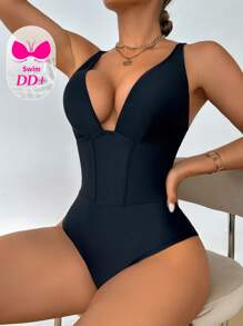 Swim DD+ Solid Color Sexy One-Piece Swimsuit For Beach/Resort For Summer Beach Vacation - Black - View 6
