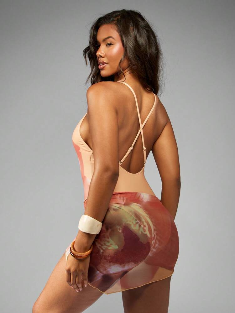 MISSGUIDED Maillot de bain bikini à profond décolleté tie-dye avec paréo, tenue de plage pour les vacances d'été, les vacances et les fêtes près de la piscine