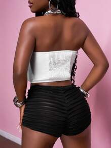 Slaydiva New Summer Casual Street Commuter Y2K Daily Date Tie Print Lapel Heart Collar Tube Top Arc Hem White Top + Cow Blind Knitted Shorts Mini Pants Black Pants Women's Two Pieces Set-B - Multicolor - View 2