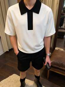 Manfinity EMRG 男士撞色边饰休闲百搭短袖 T 恤，夏季男士男士翻领衬衫 - 白色 - 查看 2