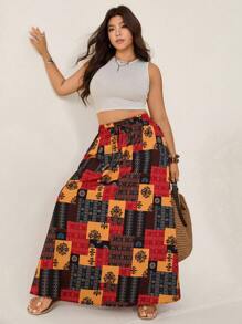 SHEIN LUNE Plus Size All-Over Print Casual Vacation Retro Fashion Drawstring Waist Skirt Summer Country Concert Beach Vacation Elegant Skirt For Women Teacher - Multicolor - View 6