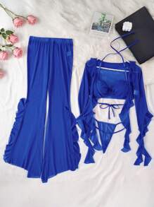 4Pcs French Romantic Ruffled Sexy Lingerie Set - Royal Blue - View 7