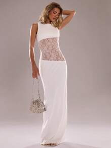 SHEIN BAE 纯黑色无袖紧身腰蕾丝拼布透视超长不对称连衣裙，性感度假透视连衣裙 - 白色 - 查看 3