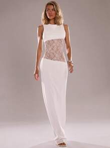 SHEIN BAE 纯黑色无袖紧身腰蕾丝拼布透视超长不对称连衣裙，性感度假透视连衣裙 - 白色 - 查看 5