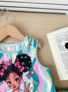 Zweiteiler bestehend aus Mädchen Strick-Trägertop mit niedlichem Muster und einfarbiger Webshorts